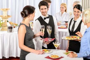 Catering service at business meeting offer food refreshments to woman